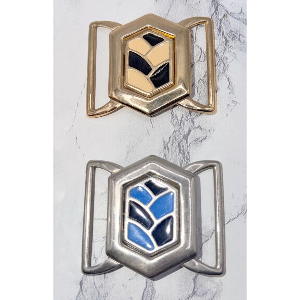 Vintage Lot of 2 Enamel Belt Buckles Silver Blue Gold Cream Black